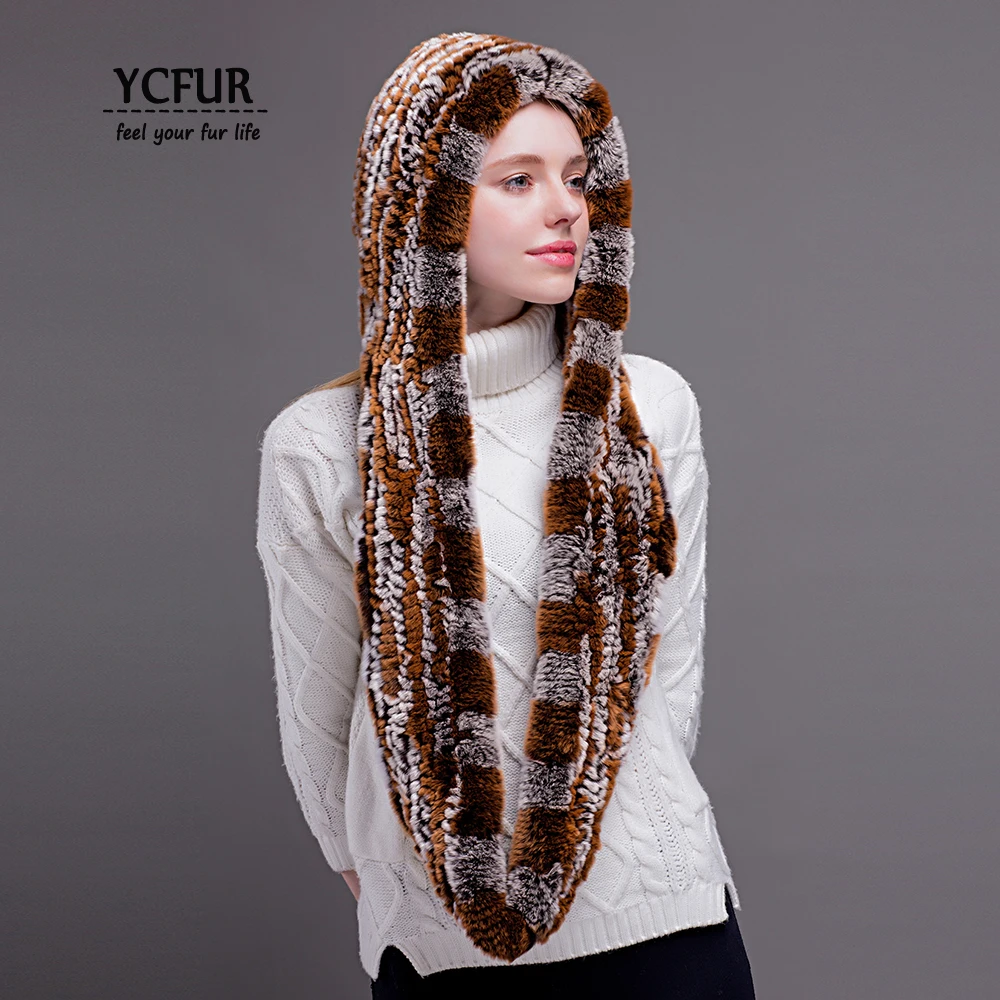

[YCFUR] Women Hats Scarves Winter Knit Rex Rabbit Fur Hat Long Scarf Female Neck Warmer Hooded Scarves Women
