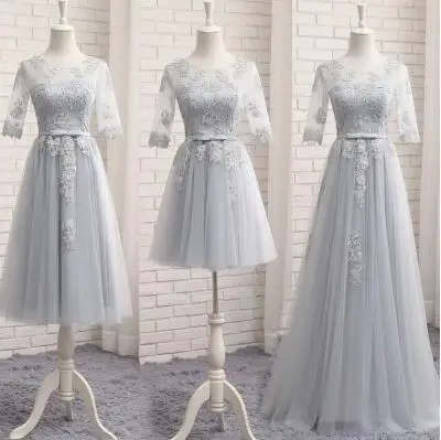 Новое поступление серый с короткими рукавами милая Bridemaid платье длинное платье подружки невесты