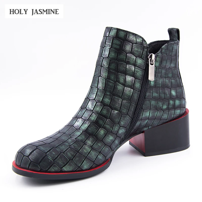 Meilleur Chaussures 2018 Printemps de femmes cheville bottes pour femmes en cuir véritable Mode Chaussures Femme talon Carré Bout Rond zip Pierre grain Bottes