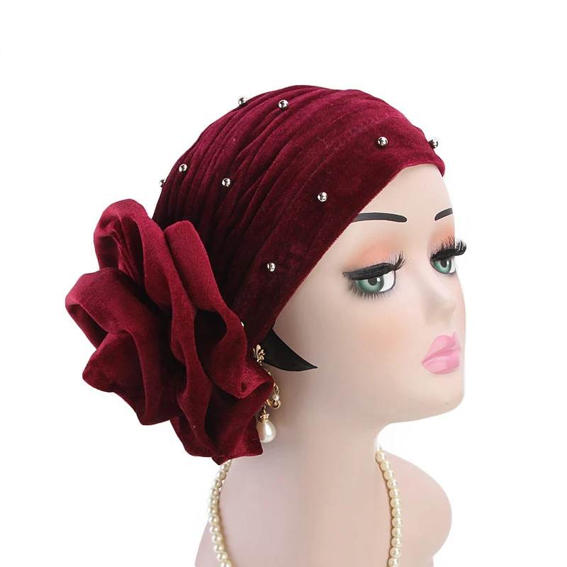 Женский вышитый бисером король цветок аксессуары для волос в виде тюрбана бархат тюрбан шапка Хемо шляпа Дамы шарф шапка для выпадения волос мода хиджаб