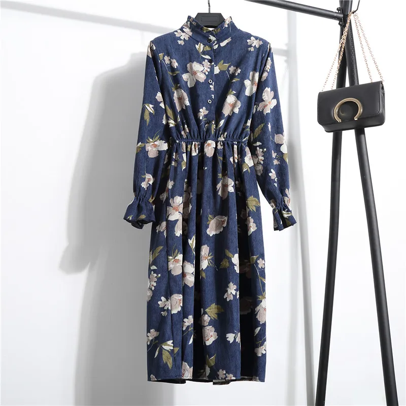 Вельветовое винтажное платье трапециевидной формы с высокой эластичной талией, весеннее зимнее женское платье с длинным рукавом и цветочным принтом, 23 Цвета