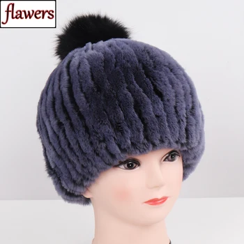 

Real Rex Rabbit Fur Hat Women Winter Warm Handmade Knit 100% Genuine Rex Rabbit Fur CapS With Fox Fur Ball Skullies Beanies Hats