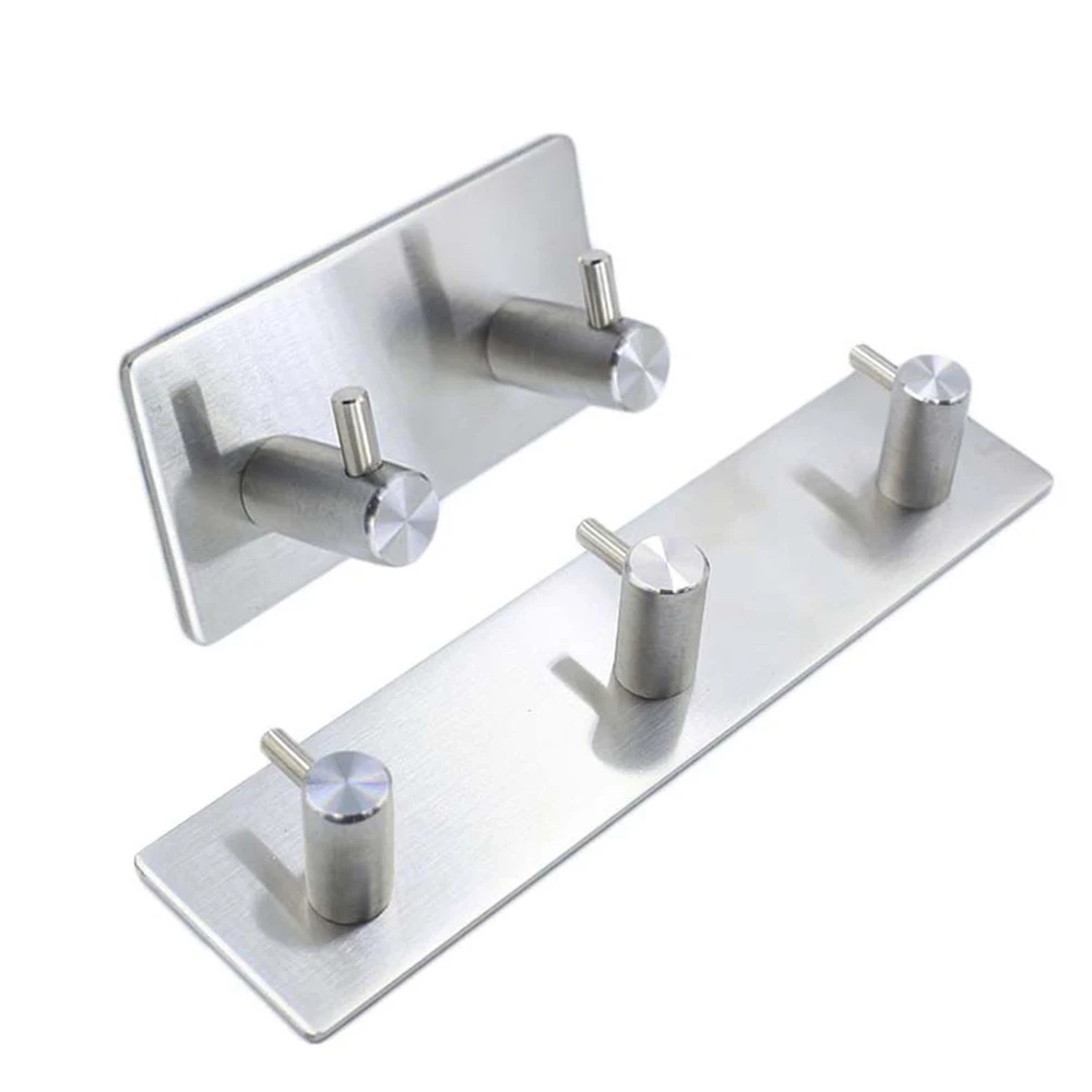 2/3 Hooks Self Adhesive Home Kitchen Wall Door Stainless Steel Holder