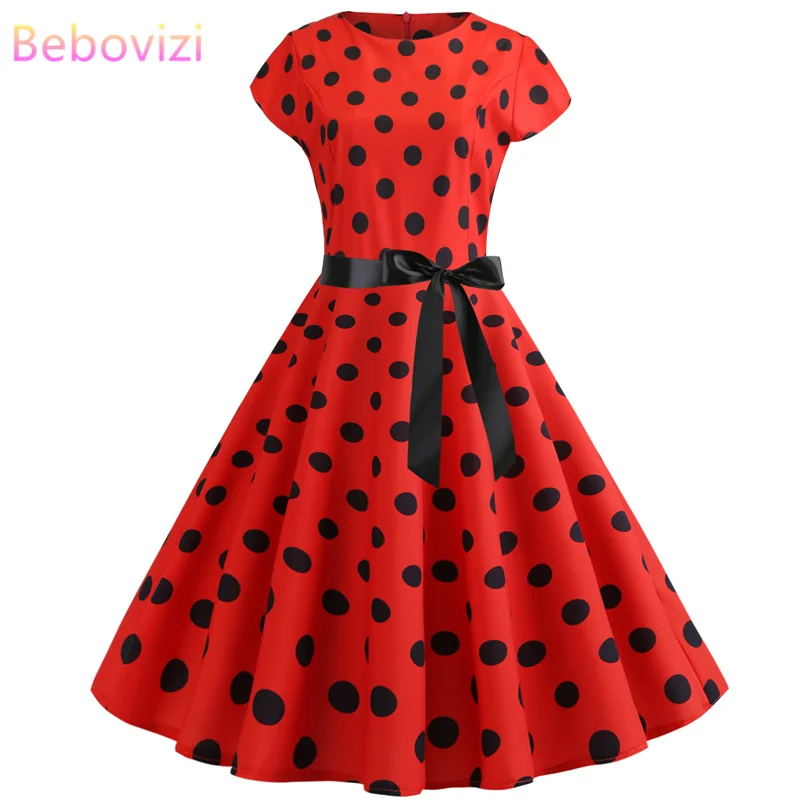 

Bebovizi 2019 Summer New Women A-Line Dot Print Casual Office Elegant Vintage Red Dresses Plus Size Sexy Party Bandage Dress
