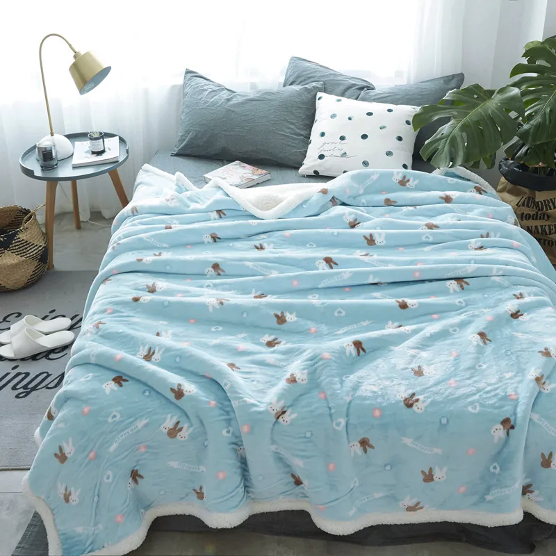 Cute Rabbit Fleece Blankets Double Layer Thick Plush Throw on Sofa Bed