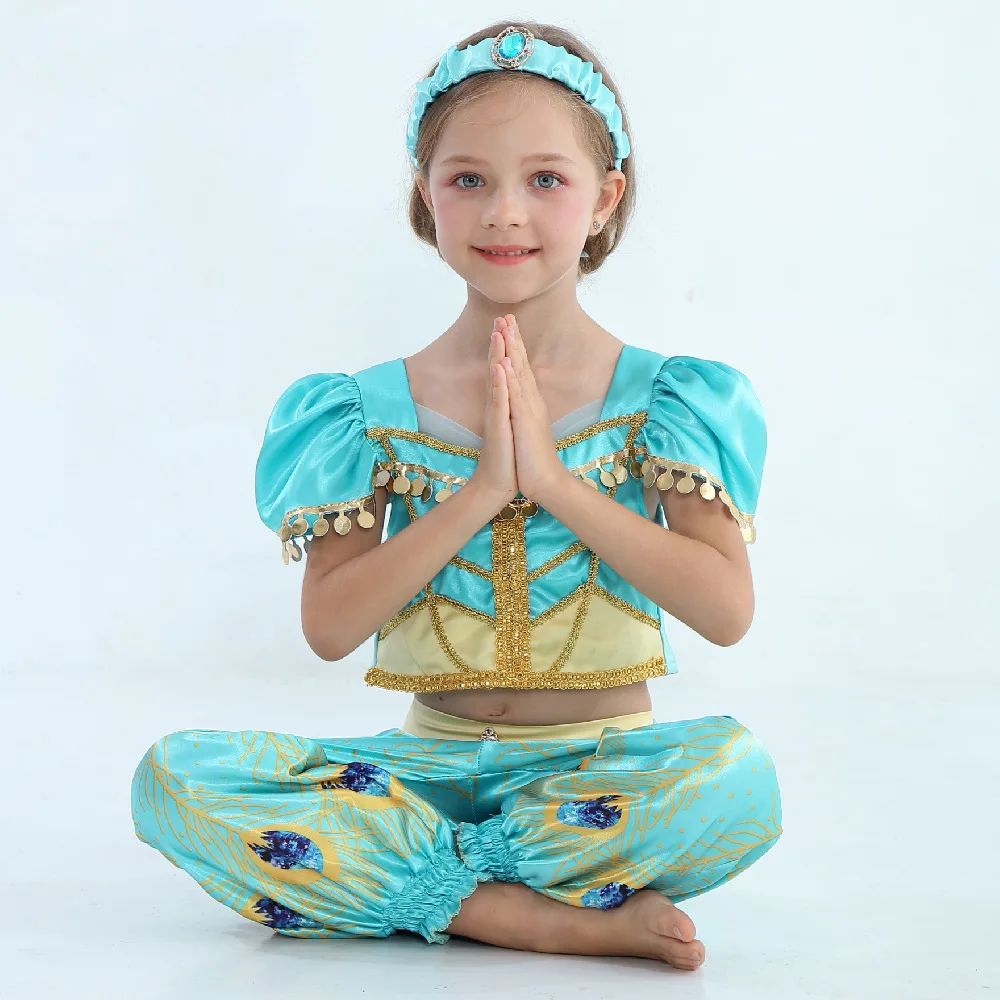 Детский маскарадный костюм принцессы Аладдина и волшебной лампы Жасмин; женское платье для танцев; красивые Бальные платья небесно-голубого цвета на Хэллоуин для девочек