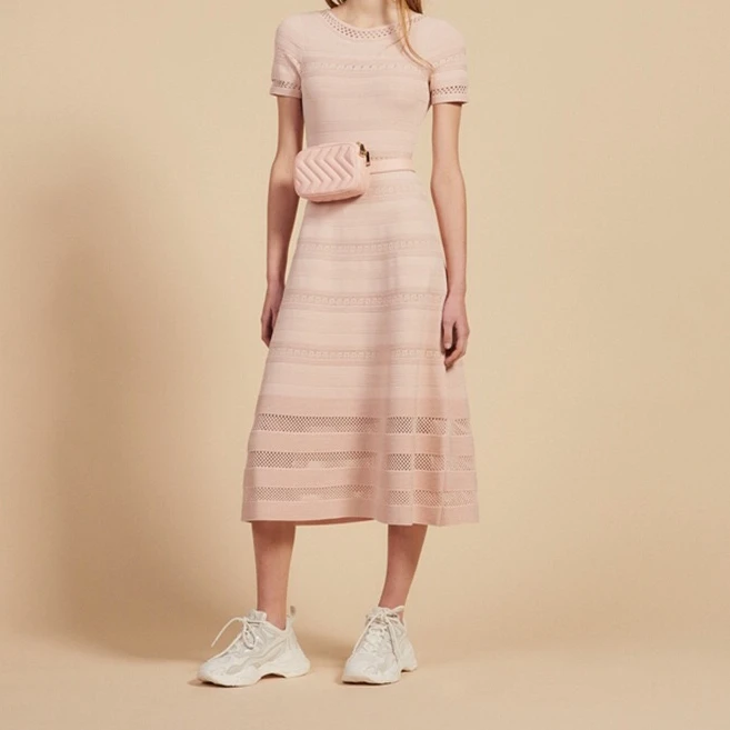 

2019 spring new O neck short sleeve hollow out patchwork women waist mid-calf knitted dress