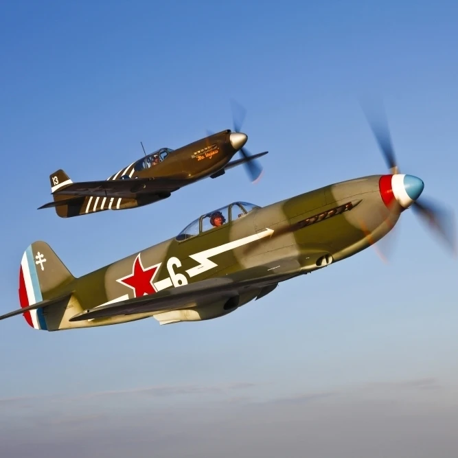 A Yakovlev Yak-9 fighter plane and a P-51A Mustang in flight Poster Print (17 x 11)