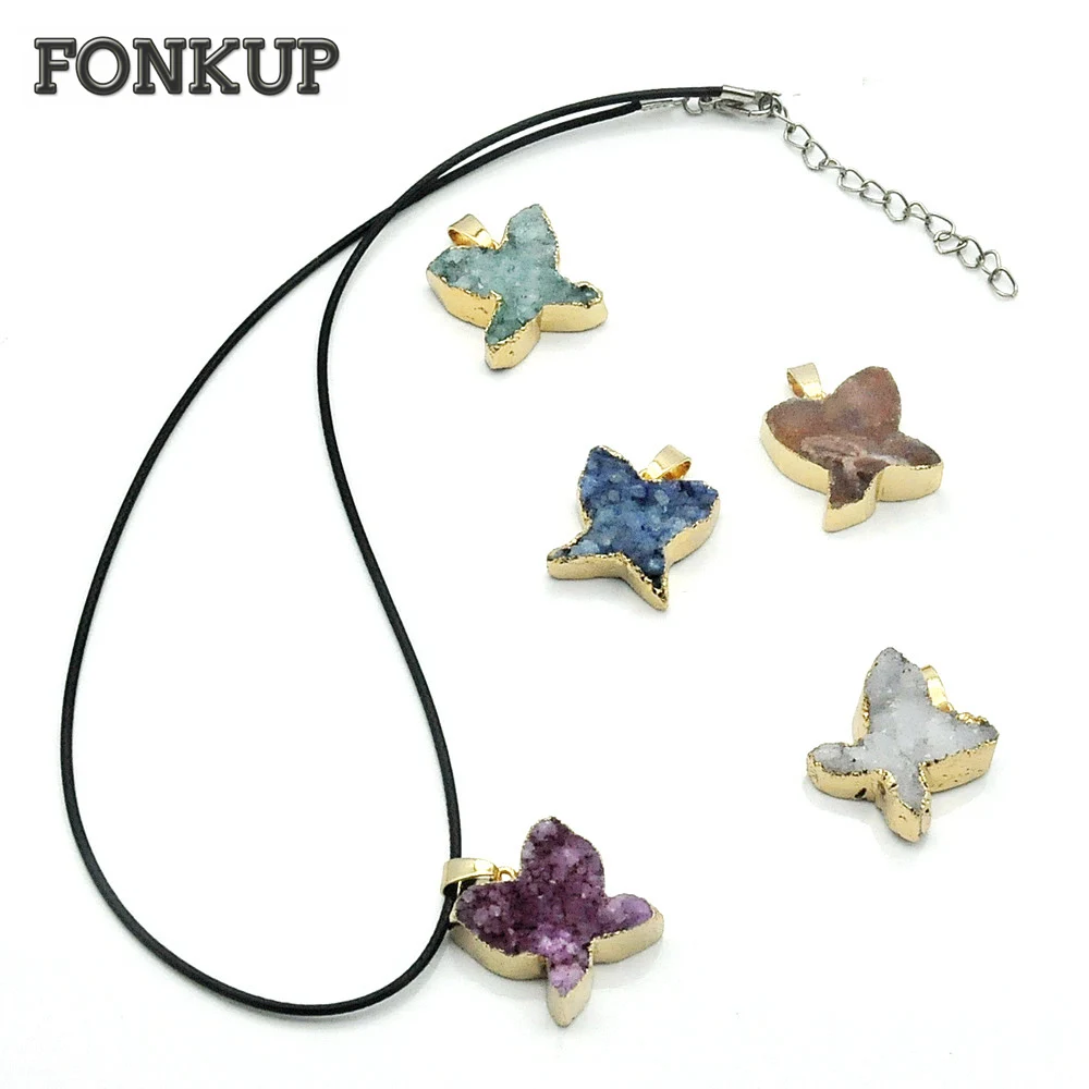 

Forkup Purple Flower Pendant Geode Clusters Charm Multicolor Gold Plated Crystal Jewelry Women Choker Rainbow Moonstone Custom