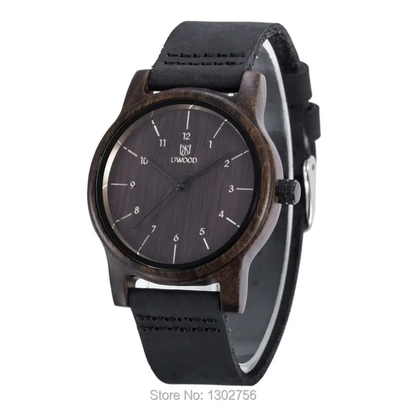 UWOOD 100 Genuine Leather Analog Black Sandal Wood font b Watch b font MIYOTA Quartz Movement