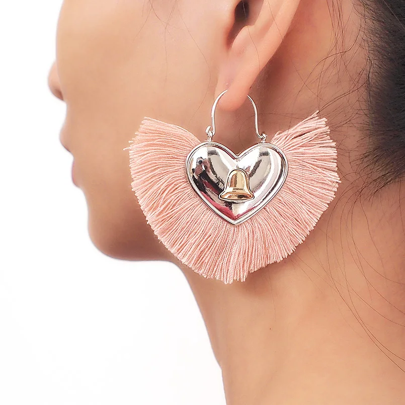 Download MANILAI Big Heart Tassel Earrings Statement Dangle Earrings for Women Fringe Earrings Carving ...