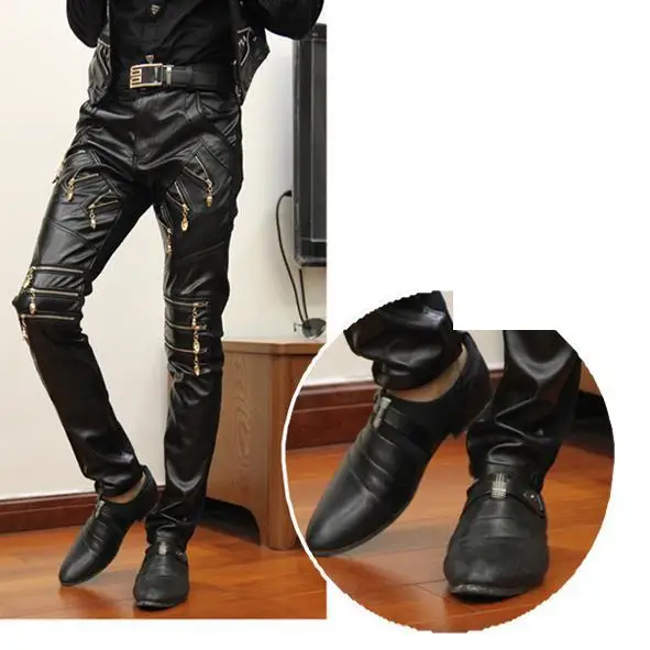 Молния сшивание плотные черные брюки из искусственной кожи для мотоцикла молодых мужчин повседневные Мульти Карманы Мужские брюки карго хип хоп танец