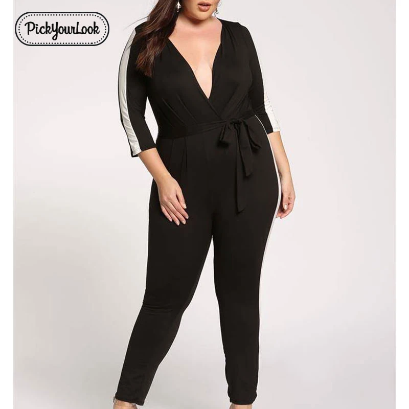 PickyourLook Plus Size V Neck Jumpsuit Women Seven Sleeve Stripe Fit Romper Spring New Sexy Black OL Jumpsuits Oversize XL-5XL