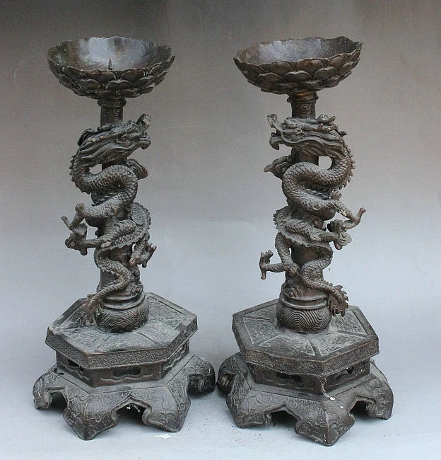 

17" Old China Dynasty Palace Bronze Dragon Lotus Candle Holder Candlestick Pair