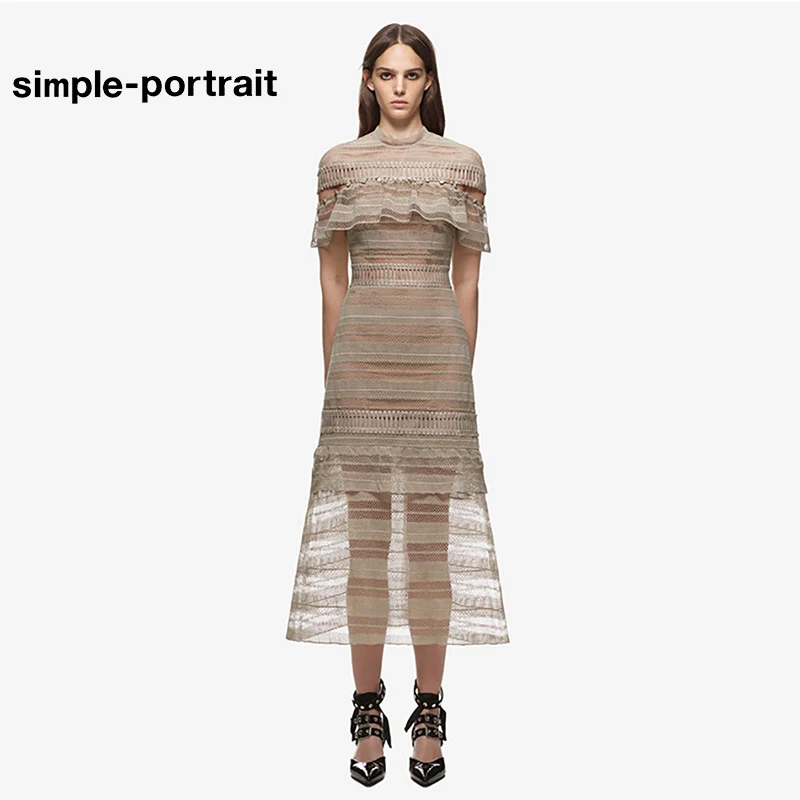 

SP Simple Runway Self Portrait Long Dress 2018 Designer Women Lace Hollow Out Ruffles Off Shoulder Vintage Slim Party Midi Dress