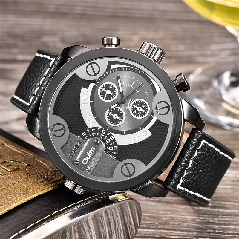  Oulm Military Watches Men Luxury Brand PU Leather Quartz Watch Man Two Time Zone Big Size Male Cloc