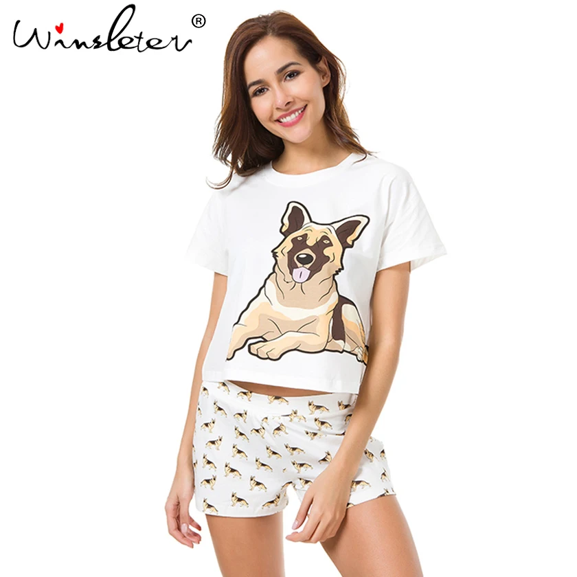 New-Women-Pajama-Sets-German-Shepherd-Dog-Print-2-Pieces-Set-Crop-Top-Shorts-Elastic-Waist