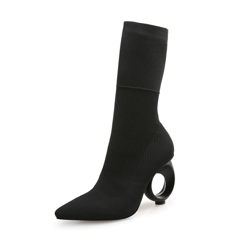 

New Stretch Knit Mid -Calf Boots Women Sexy Wild Shaped High-Heeled Autumn Winter Snow Boots Ladies Cotton Boots Botas Mujer2018