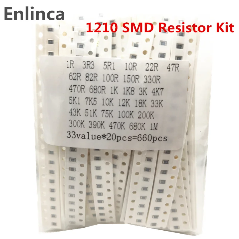 

660Pcs 33values 1210 SMD Resistor Kit Assorted Kit 1ohm-1M ohm 1% 33valuesX 20pcs Sample Kit