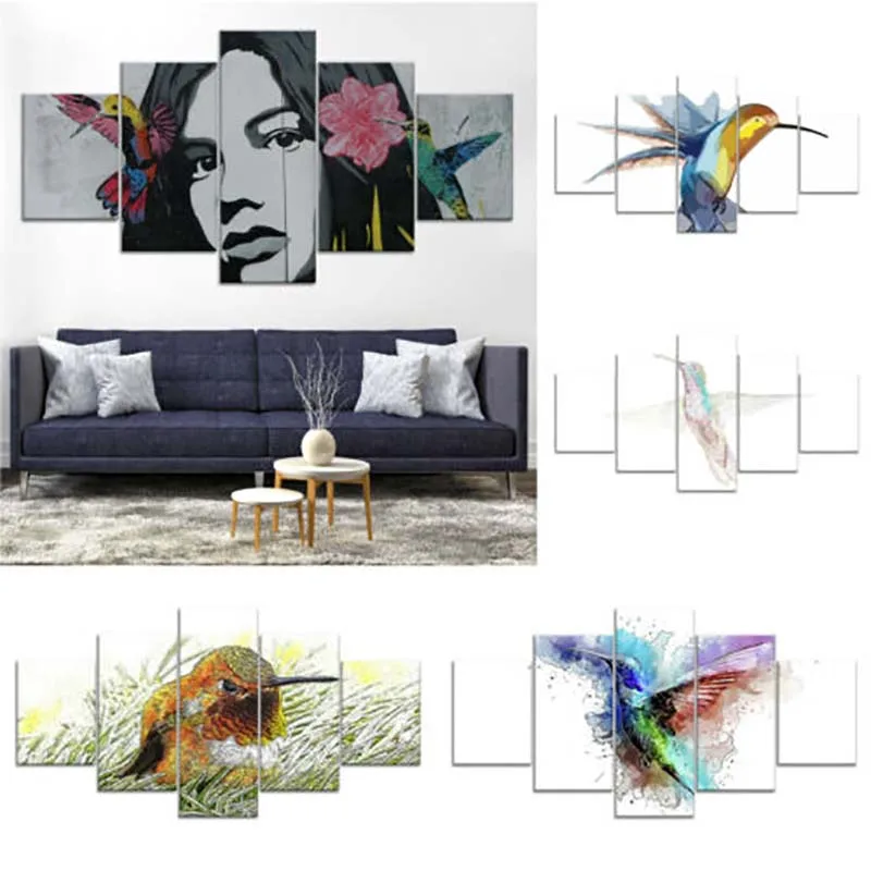 

Canvas HD Printed Poster 5 Pieces Girl Hummingbird Home Decoration Painting Wall Artwork Picture For Living Room Modular Framed