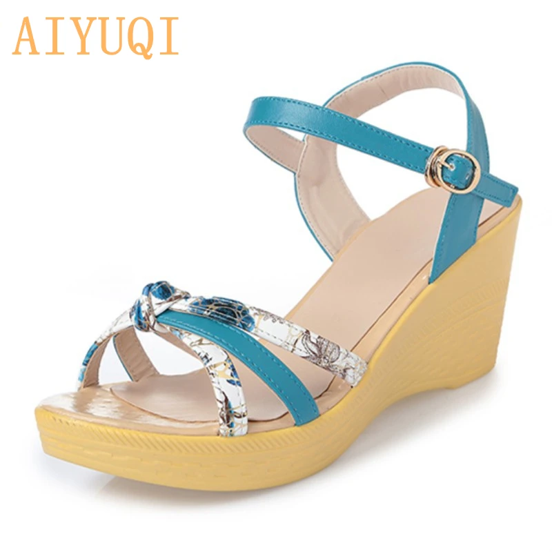 

AIYUQI 2019 Summer arrival printed woman sandals, microfiber leather casual shoes mature high heel wedges narrow band lady shoes