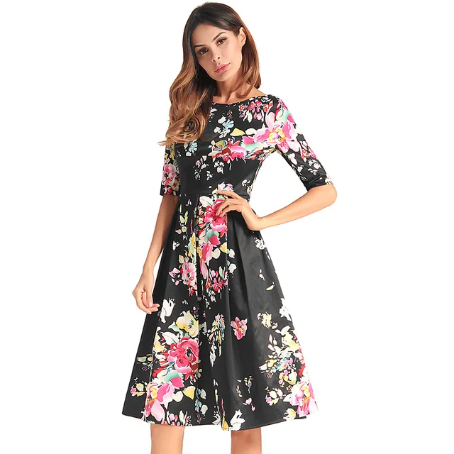 Aelegantmis Black Floral Print Women Summer Dress Half Sleeve Vintage ...