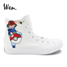 Вэнь высокие Белые парусиновые туфли Ash Покемон ручной росписью обувь мальчики девочки кроссовки обертывание ног Эспадрильи на плоской подошве кеды