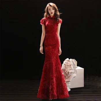

Red Bridal Wedding Mermaid Dress Slim Elegant Cheongsam Mandarin Collar Women Qipao Vintage Button Big Size 3xl Vestidos