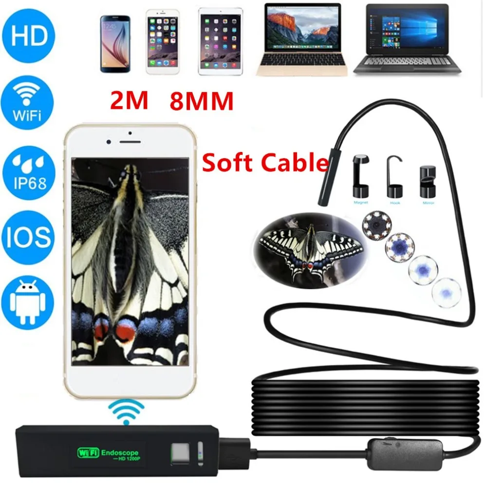 

2M 8mm Lens HD 1200P Wireless WiFi Endoscope Mini Waterproof Soft Cable Inspection Camera 8LED Borescope For IOS And Android PC