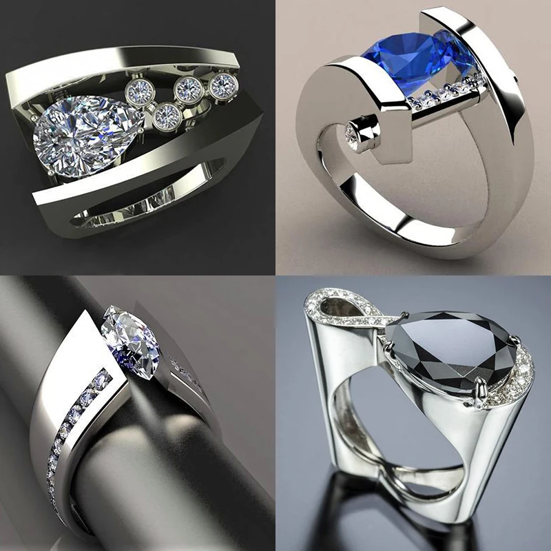 New Blue Black Zircon Stone Ring Male Female Silver Color Wedding Band Jewelry Promise Engagement Rings For Men And Women