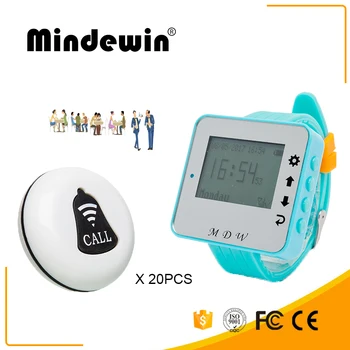 

Mindewin Wireless Waiter Calling Bell System 20PCS Service Call Button M-K-1 + 1PCS Watch Pager M-W-1 Restaurant Buzzer System