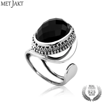 

MetJakt Women's Agate Ring Solid 925 Sterling Silver Open Ring Vintage Fashion Adjustable Agate Ring for Wedding Party Gift