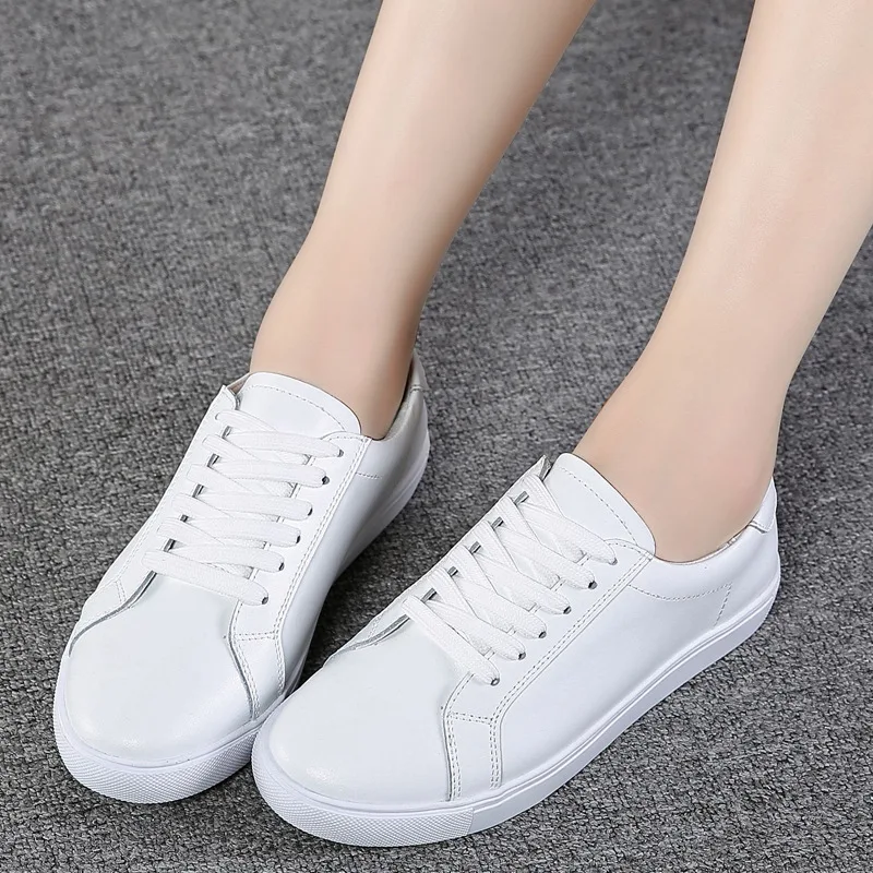 DONGNANFENG Women Female Ladies Girl Student Genuine Leather White Shoes Flats Lace Up Soft Vulcanized Shoes Korean 35-40 MF-863