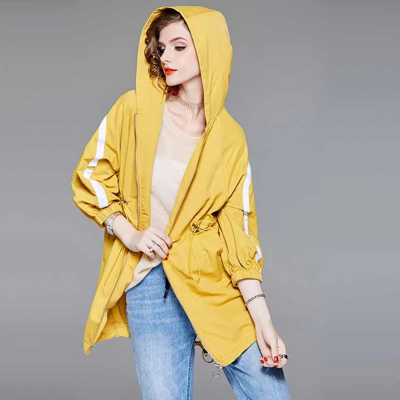 

Spring Autumn Lady Fashion Trench Loose Casual Coats Cotton Tops Hooded Women's Long Sleeve Outwear Plus Size Zipped Trench