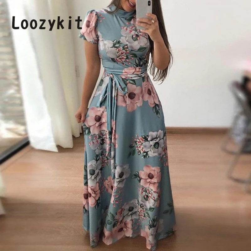 

LOOZYKIT 2019 Women Floral Print Long Dress Summer Maxi Dress Female Vintage Tunic Beach dress Plus Size Lady Elegant Vestidos