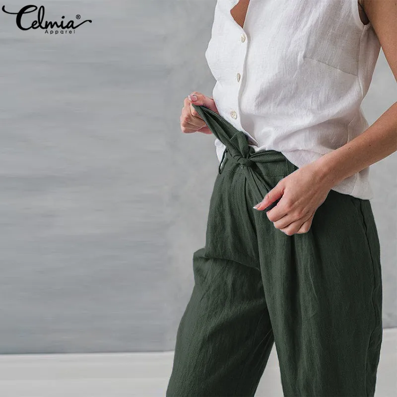 Plus Size Celmia Women Cotton Linen Harem Pants Pockets Baggy Summer Trousers Female Casual Work Office Pantalon Palazzo Pants Pants