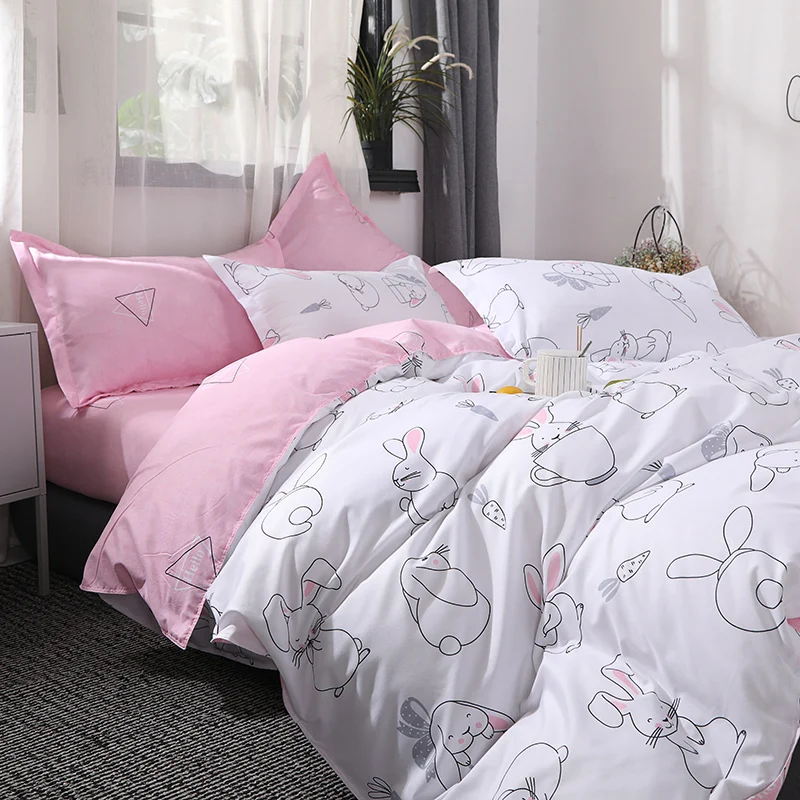 SlowDream Bedding Set Cartoon Lovely Rabbit Pink Girl Bedspread Double Queen Adult Child Duvet Cover Set Bed Linen Flat Sheet