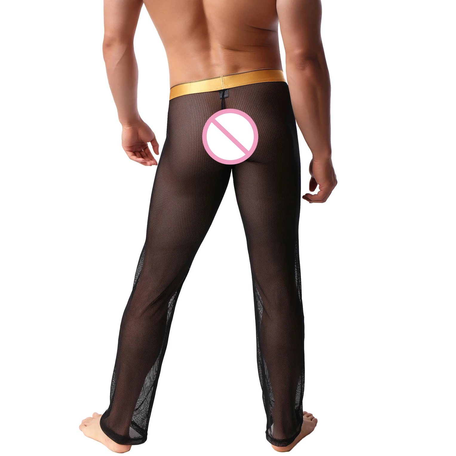 Сетки прозрачные длинные брюки Sexy Для мужчин свободные черные Lounge свободно облегающие Фитнес брюки пижамные брюки трико для сна гей белье
