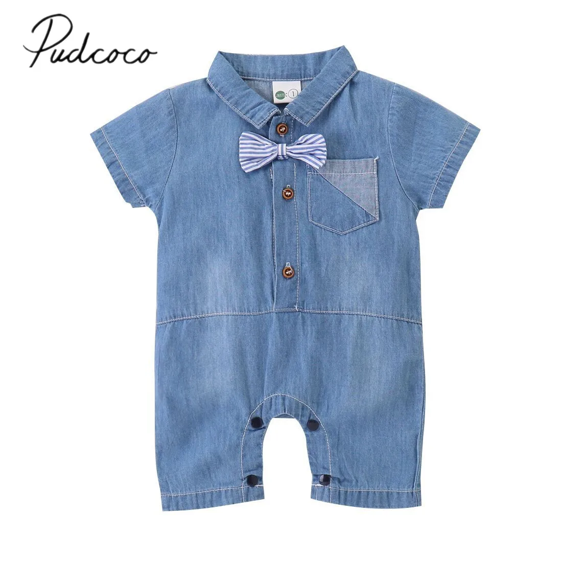 

2019 Baby Summer Clothing Fashion Infant Kids Baby Boy Denim Blue Romper Short Sleeve Pocket Turn Down Collar Jumpsuits 1-5Y