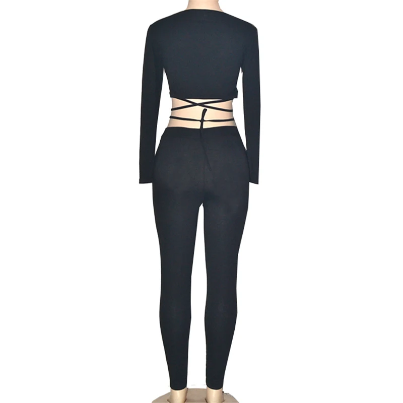 BAMBOOBOY, сексуальная женская осенняя одежда, глубокий v-образный вырез, длинный рукав, CropTops+ длинные штаны, комплект из двух предметов, однотонный боди FC120