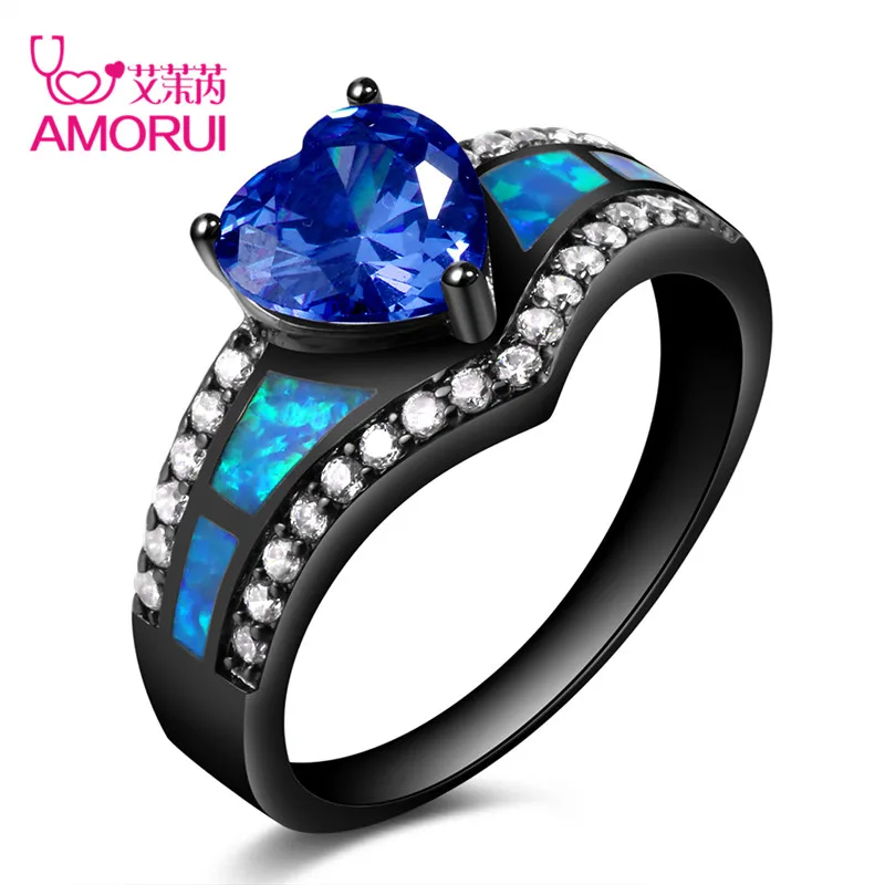 AMORUI, винтажная черная золотая, Радужная, фиолетовая, зеленая, синяя, CZ камень, сердце, обручальные кольца для женщин, модное кольцо с опалом, ювелирное изделие, подарок - Цвет основного камня: SEP Blue