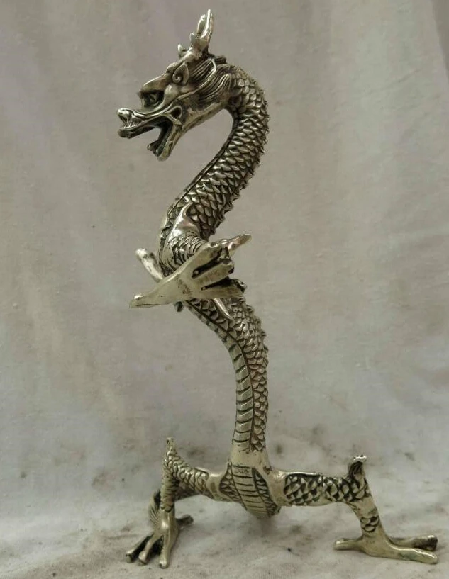 

9" China silver carved finely beautiful carved spiral dragon Sculpture Statue