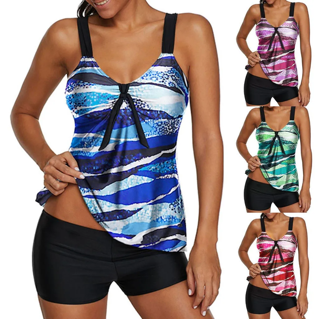 

Women 2 Piece Vintage Printed Tops And Solid Black Bottoms Bikini Set High Waist Swimsuits Padded Bra Swimwear Sport Beach Dress