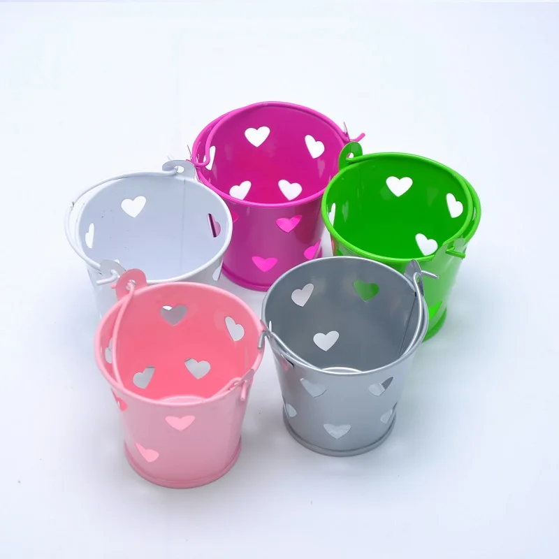 100pcs Multi Color Mini Tin Candy Buckets With Hollow Hearts Wedding
