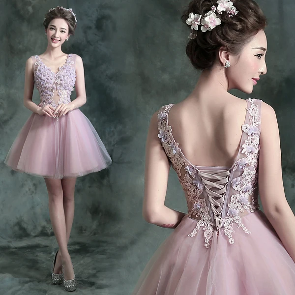 

Prom Dresses 2016 Hot Fashion Pink Beaded Lace Appliques Short Prom Dresses Robe De Soiree Knee Length Party Evening Dress