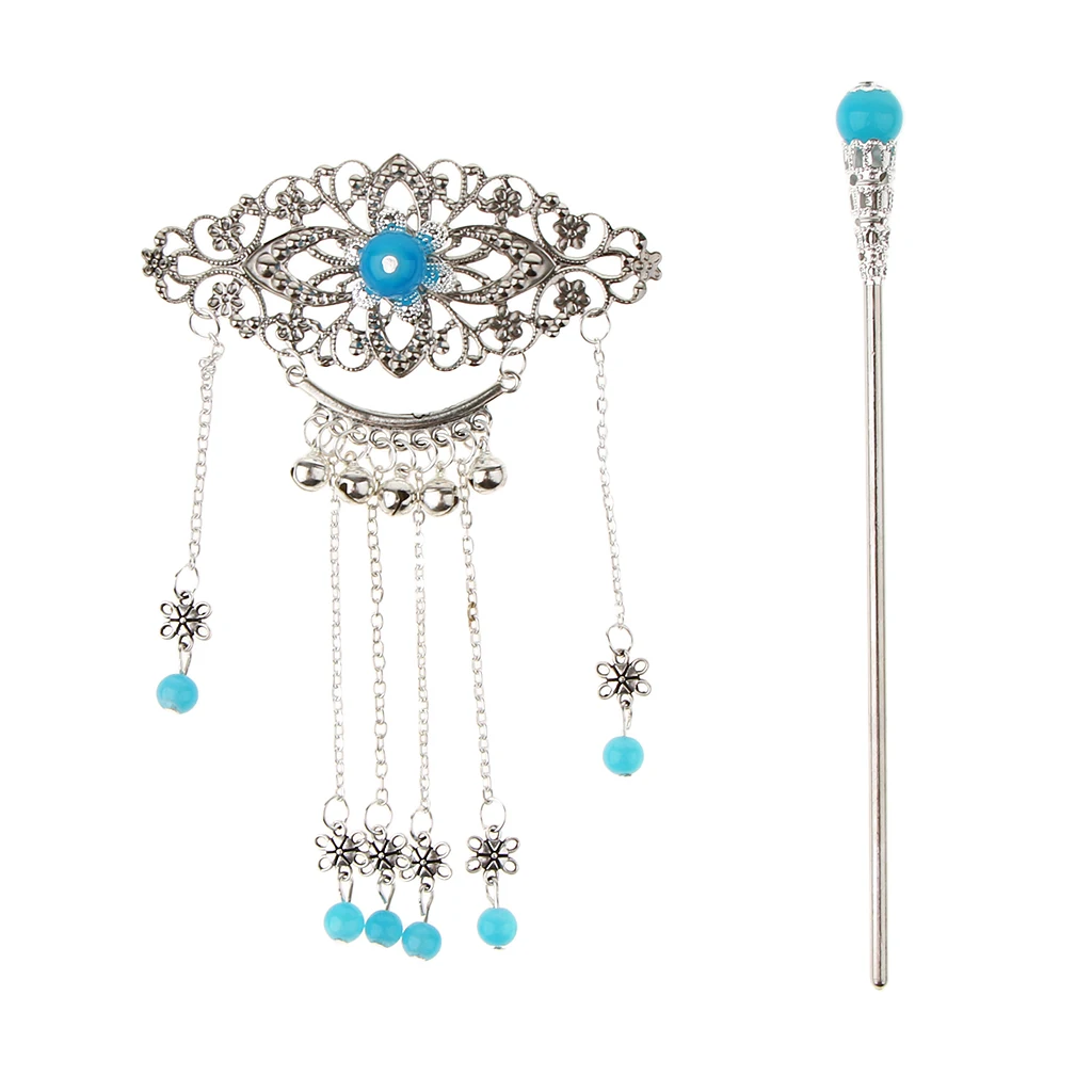 Womens Retro Traditional Chinese Wedding Floral Tassels Bells Hair Stick Chignon Chopsticks Headwear Jewelry