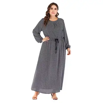 

2019 Plus Size Women Dress Plaid Printed Lace Up Waist Muslim Abaya Arabic Dubai UAE Ramadan Oversized Dressing Robe VKDR1603