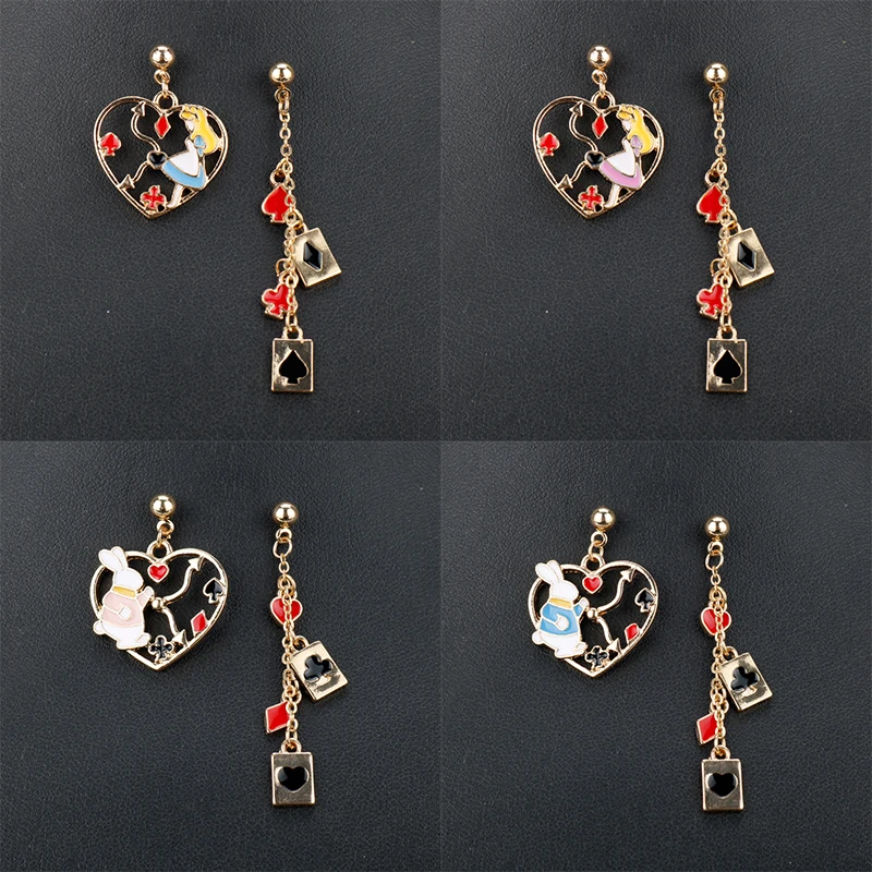 

2019 Fashion Women's Earring Cartoon Enamel Alice Wonderland Rabbit Bunny Asymmetric Anime Princess Pendant Girl Party Gift