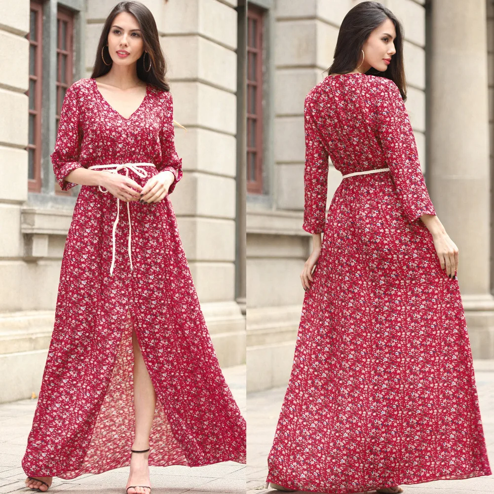 Print V-Neck Long Sleeve Floral Standard-Waist Dress – warasale Elegant Cowl Neck Ruched Single Breasted Plain T-Shirts rochester