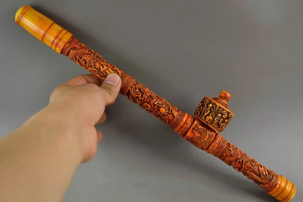 

Old 0X Bone Carving Dragon & Fairchild Play Game Big Smoking Tool Wide 14.7Inch